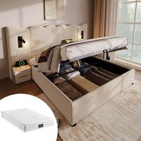 cama doble tapizada 160x200 cm beige lino con lampara led usb-c almacenamiento somier maderametal y colchon incluido