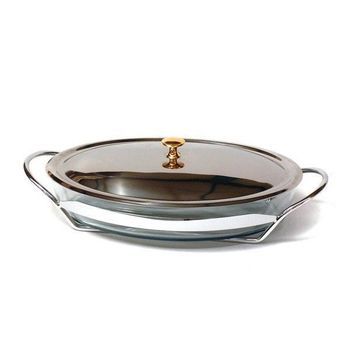Fuente De Cristal Para Horno (3 Piezas) Chef, 1 Fuente De Cristal Oval Resistente A Cambios Bruscos De Temperatura, 1 Tapa En Acero Inoxidable, 1 Soporte Para Asar