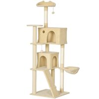 pawhut arbol rascador para gatos 180 cm con plataformas cama 2 cuevas hamaca escalera postes de sisal beige