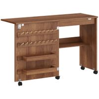 homcom mesa maquina de coser plegable con puerta magnetica 2 compartimentos estante 18 soportes para hilos 5 ruedas marron