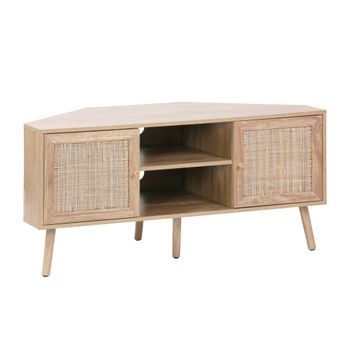 Mueble Tv Esquinero, Madera Y Caña, 2 Puertas, 1 Estante, 115cm,