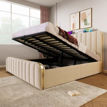Cama Tapizada De Lino Beige 180x200 Cm Con Cabecero Acolchado Y Almacenamiento Hidráulico