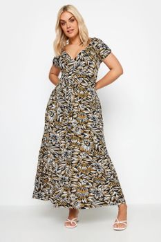 Yours Vestido Largo Negro De Hojas Mostaza, Mujer Curvy Y Tallas Grandes, Yours