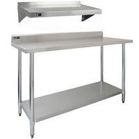 banco de catering de acero inoxidable 150cm y 2 estantes montados en la pared