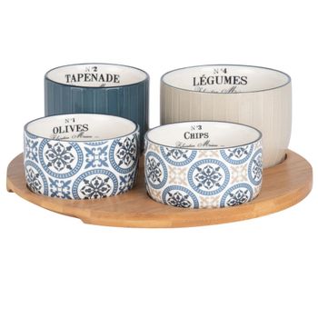Bandeja de aperitivos de bambú con 4 cuencos de cerámica azul, beige y blanca con motivos decorativos
