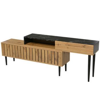 Mueble Para Tv Moderno 129x30x58 Cm, Diseño De Mármol Y Madera, Patas De Hierro, Mdf, Color Madera Natural