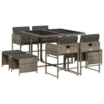 Set Comedor Jardín 9 Piezas | Mueble De Jardín Y Cojines Ratán Sintético Gris