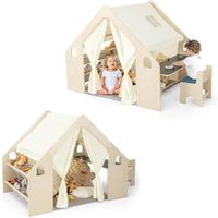 tienda de campana infantil de madera 6 en 1 con pizarra cortinas costway 145 x 98 x 113 cm