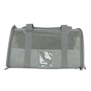 Transportín para mascotas Jocca 8 kg. Bolsa de viaje de 46x28x28 cm con 3 accesos: superior, lateral y frontal, asa y bandolera ajustable y alfombrilla de felpa lavable. Incluye comedero portátil.