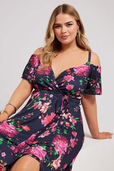 Yours London Vestido Largo Azul Marino Floral Con Hombro Descubierto, Mujer Curvy Y Tallas Grandes, Yours London