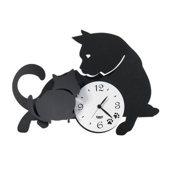 Reloj De Pared Mamma Gatta 38x27 Cm En Hierro Negro - Diseño De Gato Y Gatitos - Mecanismo De Batería Silencioso - Fabricado En Italia