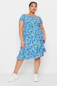 Yours Vestido Bardot De Flores Azules, Mujer Curvy Y Tallas Grandes, Yours