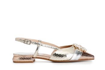 bailarinas abiertas por detrás en estampado viperino laminado con hebilla de pedrería light gold combo