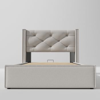 Cama Con Canapé Acolchada 90x200cm En Tejido De Algodón Con Somier Gris Claro