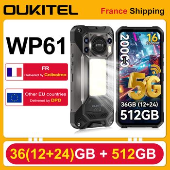OUKITEL WP61, teléfono inteligente resistente 5G con Android, 16 GB de RAM, 36 GB de almacenamiento (12+24) + 512 GB, batería de 20000 mAh, carga rápida de 45 W, cámara de 108 MP, pantalla de 6,78