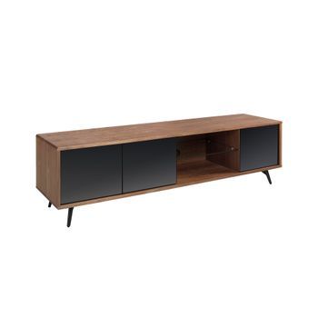 Mueble Tv Cristal Negro Efecto Espejo, Nogal Y Acero Negro Angel Cerdá 3223 180x45x50