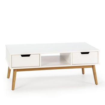 Mesa centro blanco, pino macizo, 2 cajones, 110 cm