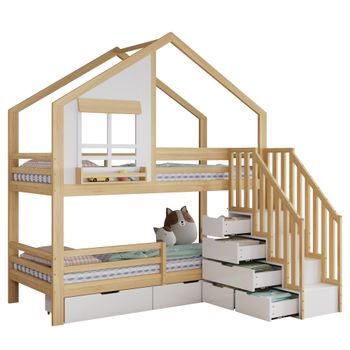 Litera Infantil Con Cajones Y Escalera De Almacenaje, Cama Litera 90x200 Cm En Madera Maciza, Blanco Y Natural