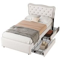 cama tapizada 90x200 beige claro con 2 cajones de almacenaje cabecero de lino con remaches madera de pino