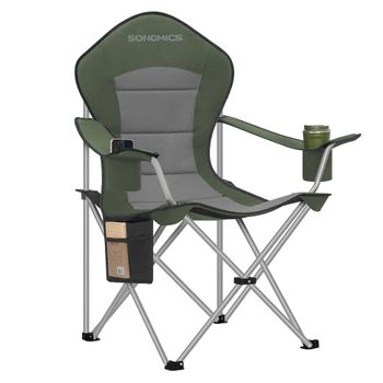 Silla de Camping Plegable con Respaldo Alto y Portavasos, Verde + Gris