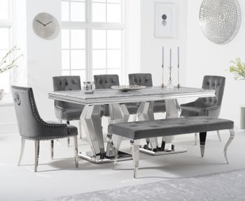 Viscount 180cm Marble Dining Table with Talia Velvet Chairs and Grey Fitzrovia Bench - Grey, 2 Chairs