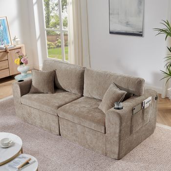 Sofá Reclinable De 2 Plazas, Chenilla Suave, Portavasos Y Bolsillo Lateral