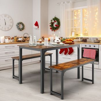 Mesa De Comedor Con 2 Bancos Juego De 3 Grupos De Comedor 110 X 70 Cm Mesa De Cocina Para 4 Personas Café + Negro