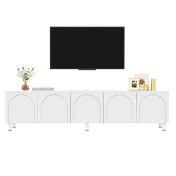 Mueble De Tv Blanco 180 Cm, Mesa De Tv Con 5 Puertas Curvas, Patas De Metal, Mdf