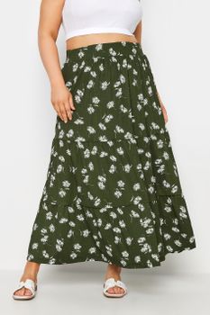 Yours Falda Larga Escalonada Verde Estampada, Mujer Curvy Y Tallas Grandes, Yours