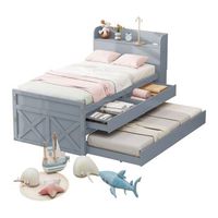 cama nido 90x190cm - mesita de noche con estantes y puerto usb - madera maciza de pino - gris