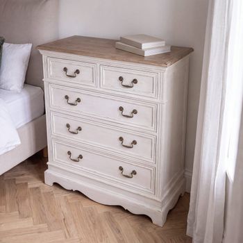 Cómoda de 5 cajones de pino y MDF crema