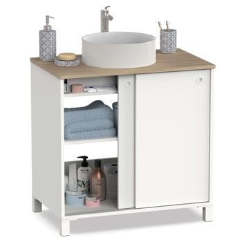 Mueble De Baño Sella Con Lavabo 81cm Blanco Y Roble Cambrian, 2 Puertas Correderas