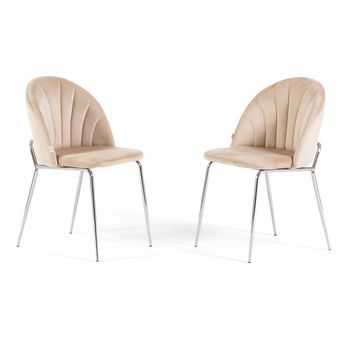 Set De 2 Sillas Tapizadas En Terciopelo Crema Con Patas De Metal Plateado - Sonia