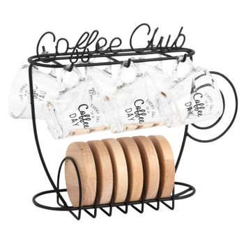 Tazas de café de cristal (x6) y soporte de acero negro