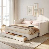 cama canape acolchada 2 cajones de almacenamiento extensible 90x200-180 cm usb boucle beige