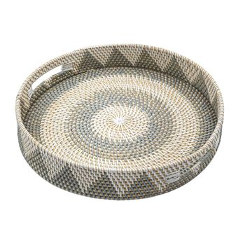 Bandeja redonda de ratán gris y blanca 40 cm