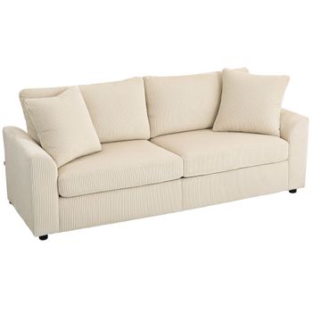 HOMCOM Sofá de 3 Plazas Tapizado en Pana para Salón con 2 Almohadas Reposabrazos y Cojín de Muelles 212x80x88 cm Crema   Aosom España
