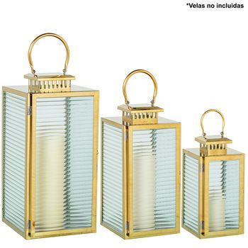 Set 3 Faroles Portavelas Metal Cromado Dorado