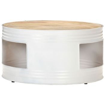 Mesa De Centro  68 X 36 Cm  Madera Maciza De Mango Con Acabado Lavado Y Hierro Con Recubrimiento En Polvo - Blanco