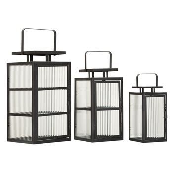 Set De 3 Linternas De Metal Negro Con Vidrio Estriado Cm 25,5x25x50 - 20,5x20x40 - 15x15x29,5