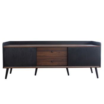Mueble Para Tv 160 Cm Con Puertas Correderas Y Almacenaje, Mesa De Tv Negro Y Madera, Tablero E1