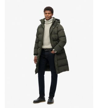 Superdry para hombre. M5011977A Chaqueta acolchada larga con capucha verde (S), Casual, Sostenible, Nylon reciclado