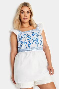 Yours Top Algodón Blanco Y Azul Peplum Con Bordados, Mujer Curvy Y Tallas Grandes, Yours