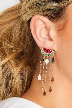 Pendientes Dorados Diseño Sandías Con Borlas