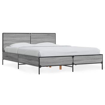 Cama Doble | Cama Para Adultos | Estructura Cama Madera Ingeniería Metal Gris Sonoma 140x190 Cm