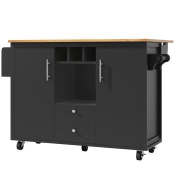 Isla De Cocina Con Ruedas Y Mesa Plegable, 137,9 Cm, Negro