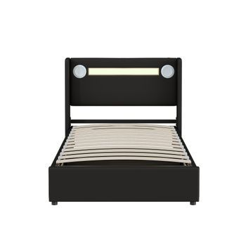 Cama Infantil Juvenil 90x200 Con Led, Reproductor Bluetooth Y Puerto Usb, Cama De Almacenamiento En Pu, Estructura De Acero, Resistente Hasta 150 Kg, Multifuncional, Fácil De Montar, Blanco/negro