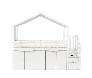 Litera 90x200 cm - madera maciza - con 1 armario, 2 taquillas y escalera de almacenamiento - blanco