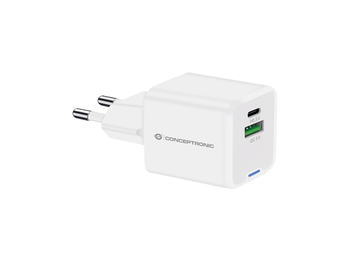 CARGADOR DE PARED CONCEPTRONIC USB-C x1 USB-Ax1 QUICKCHARGE 3.0 GaN PPS 20W COLOR BLANCO