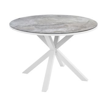 Mesa De Jardín Moderna Aluminio ⌀ 120 Cm Patas De Aluminio Tablero De Vidrio Cerámico Blanco Efecto Mármol Maletto